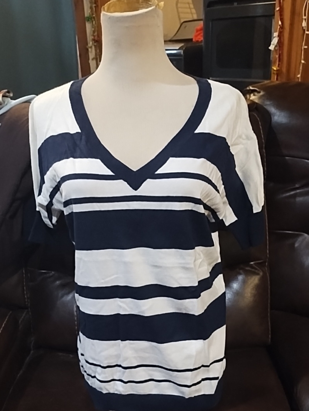 GAP Navy and White Striped V-Neck Short Sleeve Top